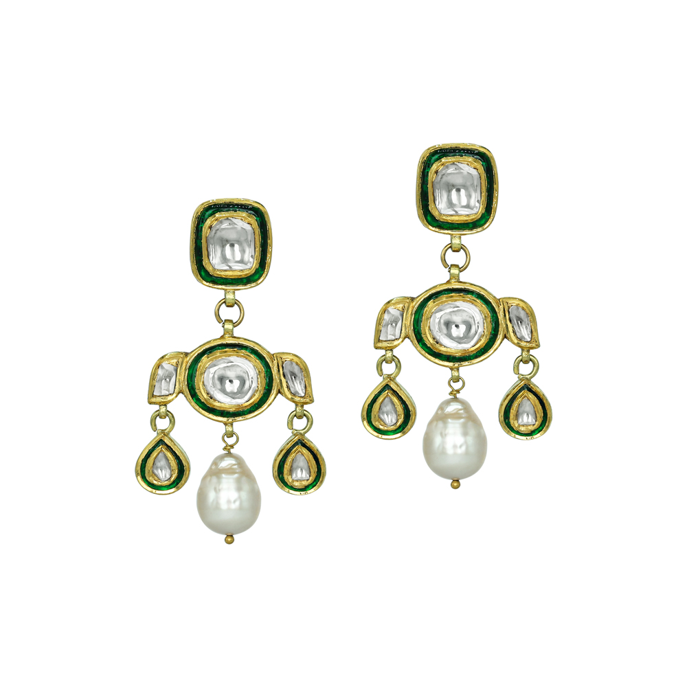 Polki Earrings with Green Enamel, Teardrops, and Pearl Drops